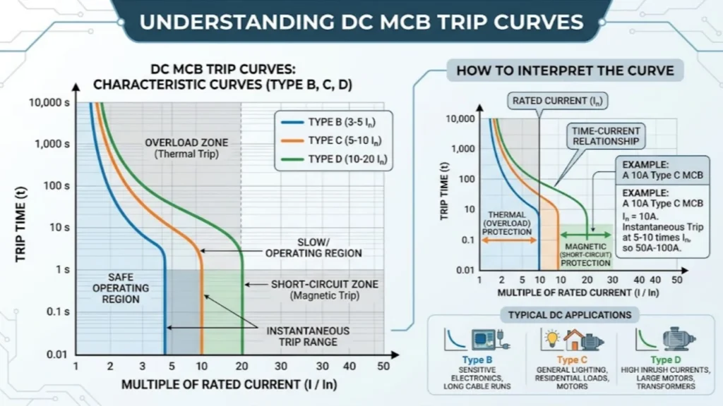 DC MCB Trip Curves Explained Type B, C & D — Which One Does Your System Really Need
