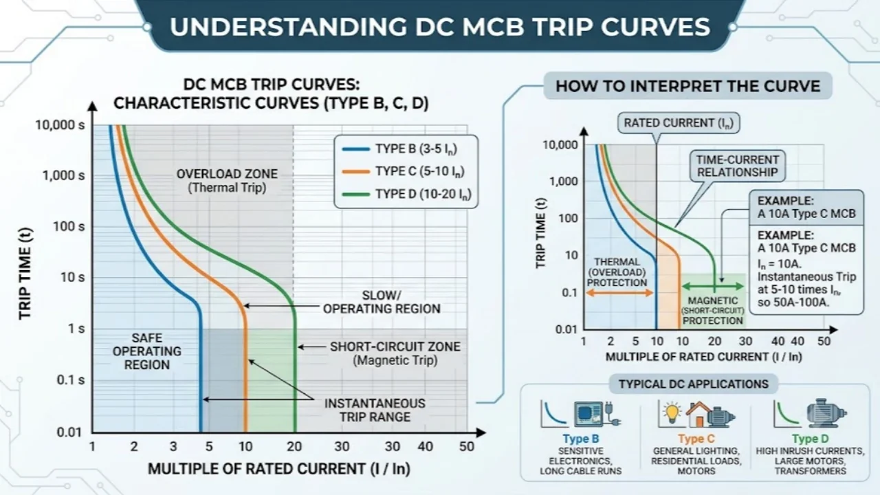 DC MCB Trip Curves Explained Type B, C & D — Which One Does Your System Really Need