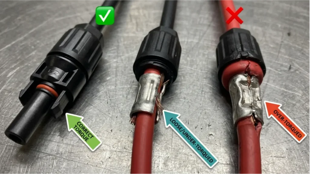 Correctly torqued MC4 connector vs loose or over torqued crimp
