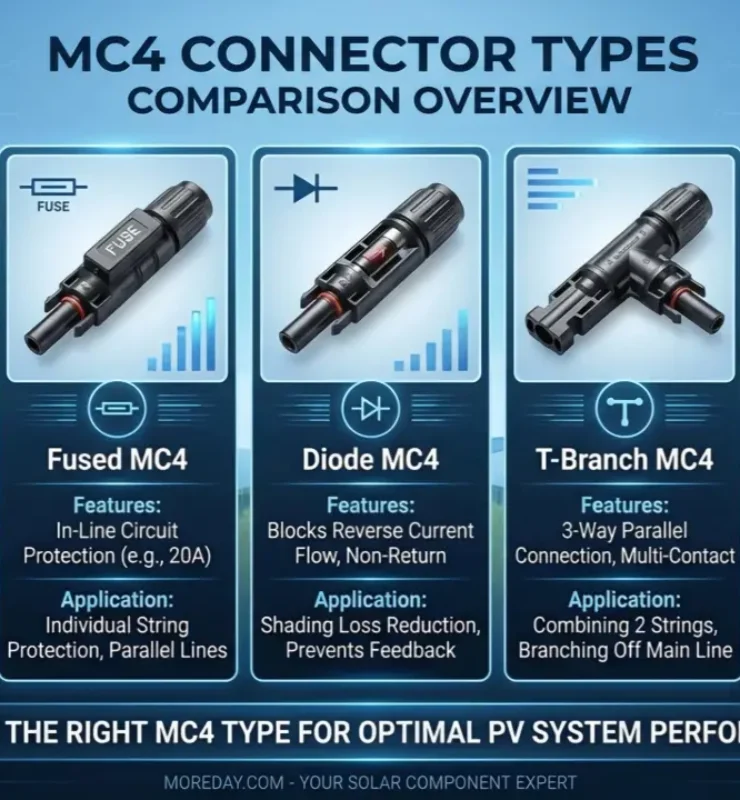 MC4 connector types comparison — standard, fused, diode, T-branch, Y-branch