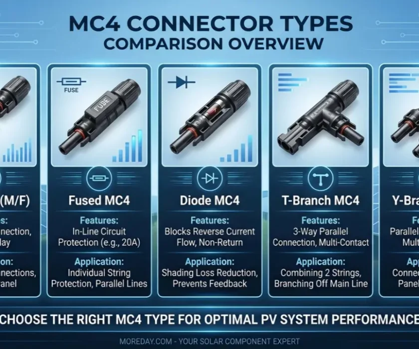MC4 connector types comparison — standard, fused, diode, T-branch, Y-branch