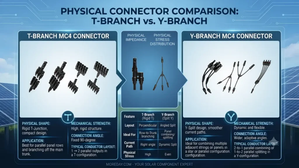 T-branch vs Y-branch MC4 connector shape comparison