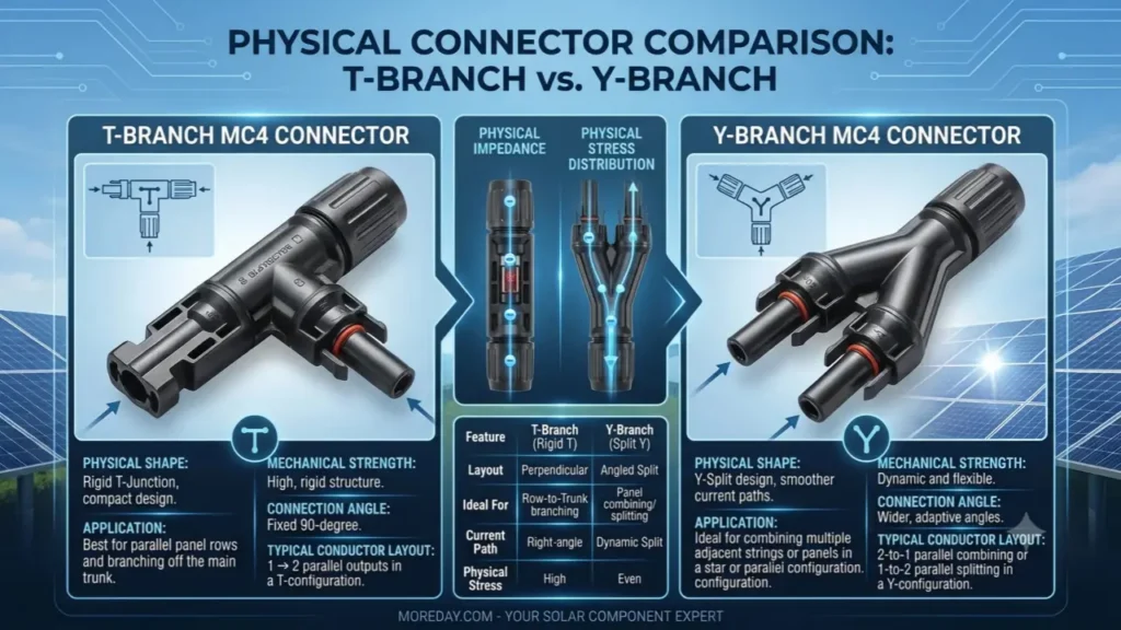 T branch vs Y branch MC4 connector shape comparison
