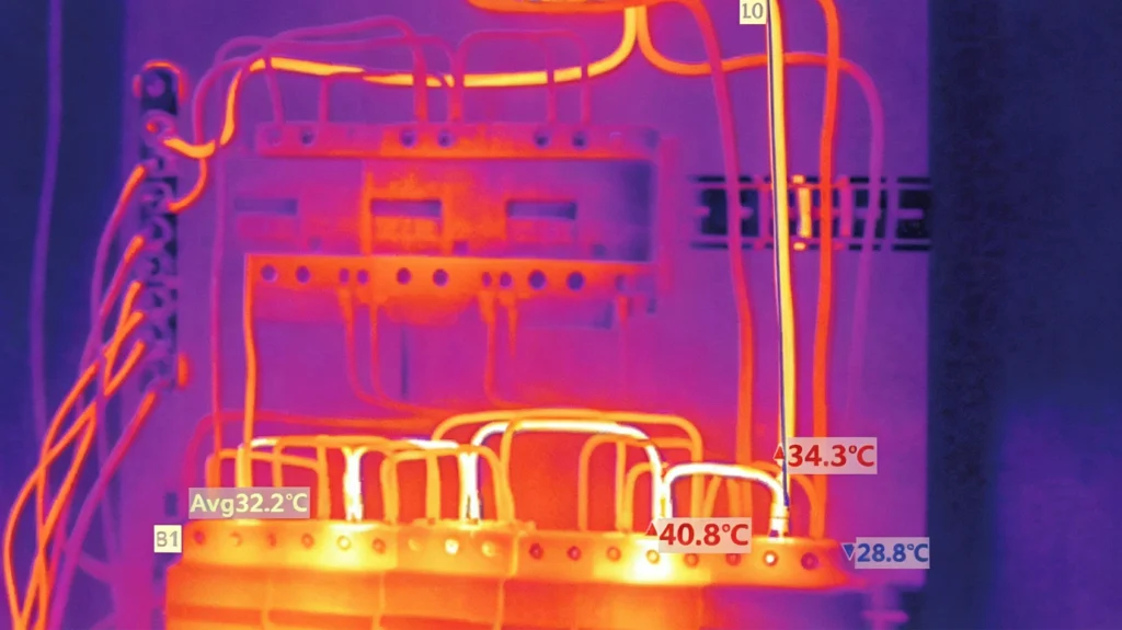 Thermal imaging to detect temperature differences in DC power lines.