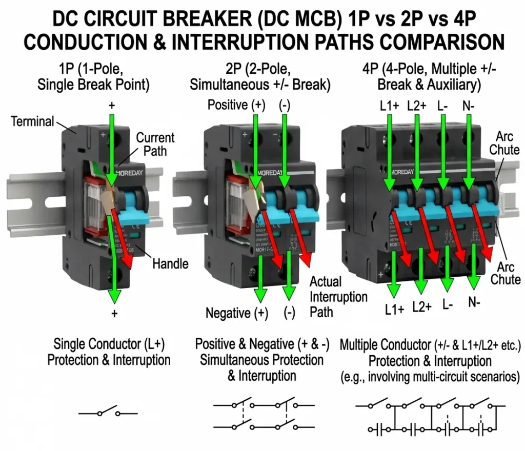 DC MCB 1P vs 2P vs 4P comparison