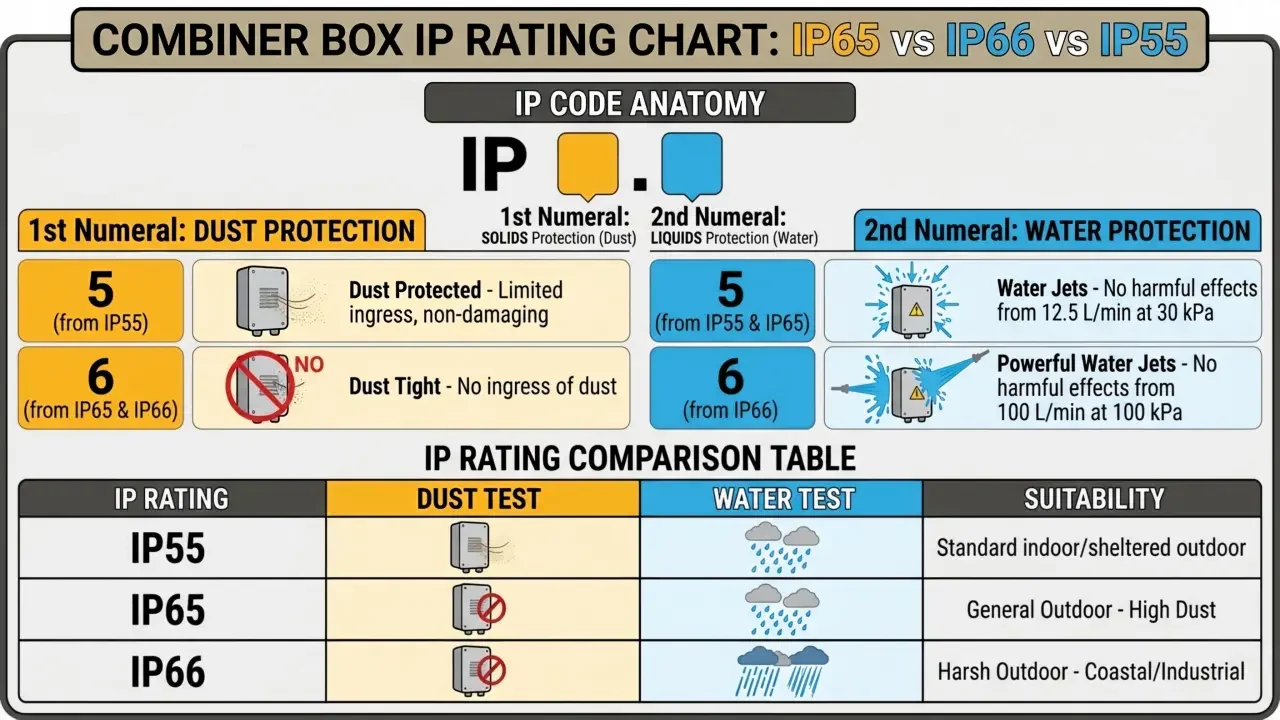 Combiner box IP rating IP65 vs IP66 vs IP55 chart