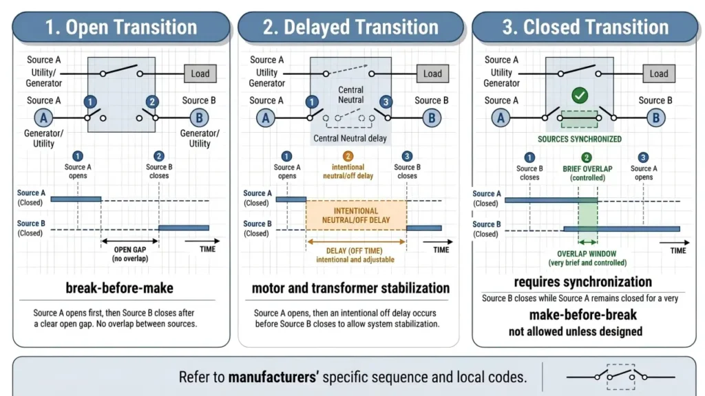 Open, delayed and closed transition transfer switch sequences