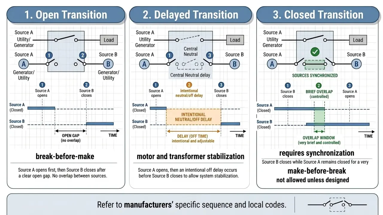 Open, delayed and closed transition transfer switch sequences