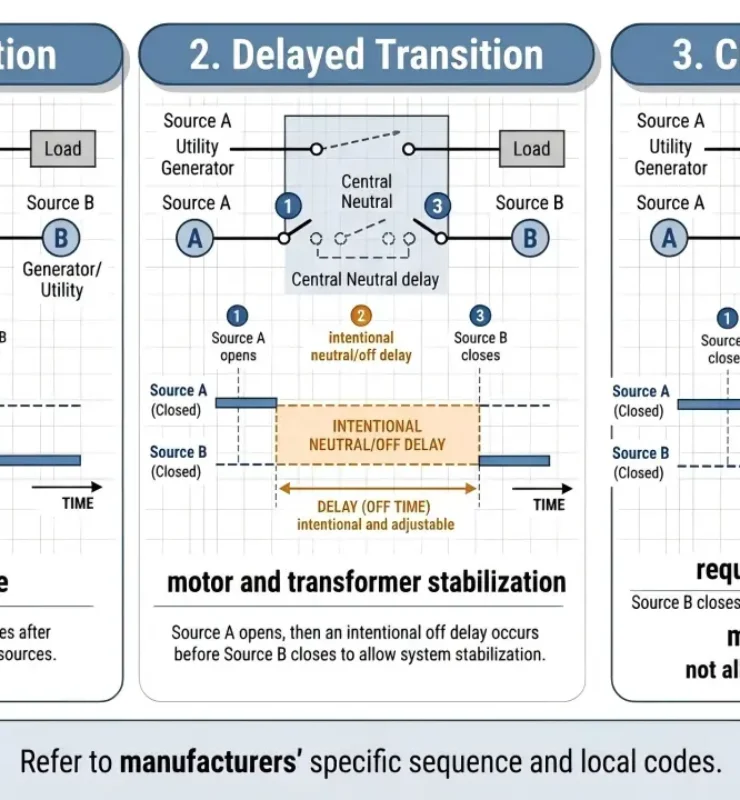 Open, delayed and closed transition transfer switch sequences