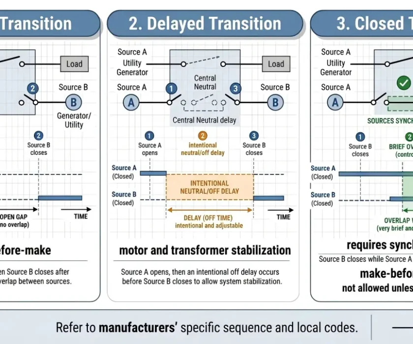 Open, delayed and closed transition transfer switch sequences
