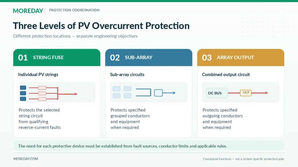 Diagram comparing string fuse, sub-array and array output overcurrent protection