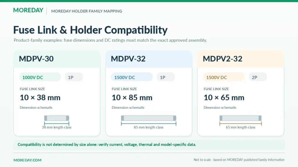 MOREDAY 1000V and 1500V DC fuse holder compatibility by fuse link size