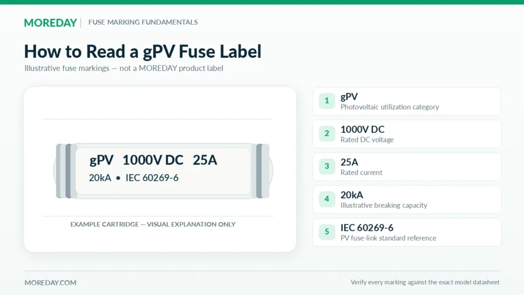 Technical diagram explaining gPV fuse markings and electrical ratings