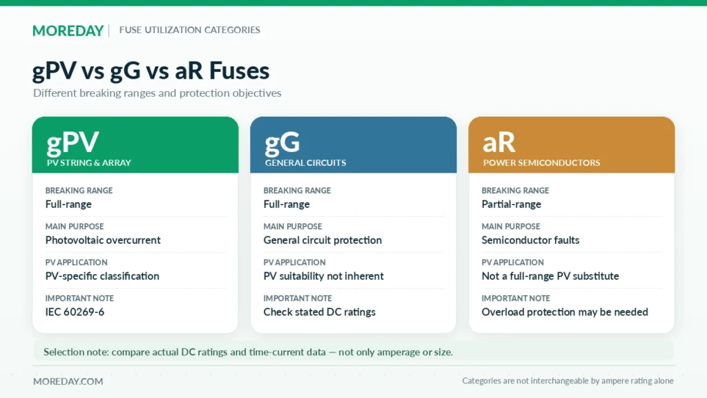 Comparison of gPV, gG and aR fuse utilization categories and applications