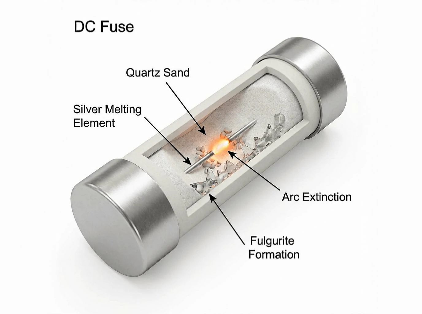 Diagram explaining how a DC fuse melts and interrupts a fault current