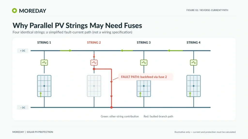 Four parallel PV strings illustrating reverse current and string fuse protection