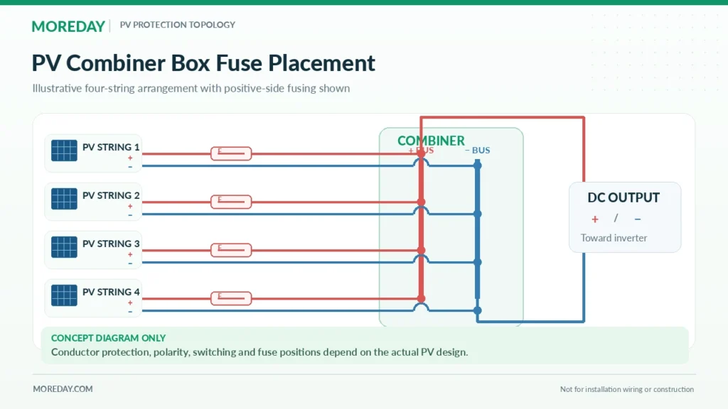 Conceptual PV combiner box fuse placement showing four string inputs and DC output