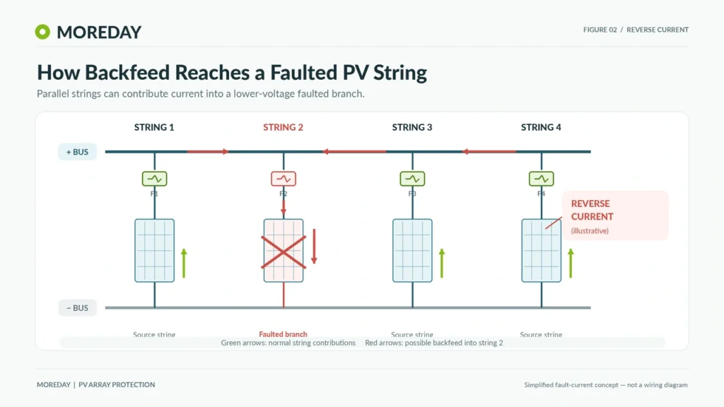 Reverse current in parallel PV strings during a string fault