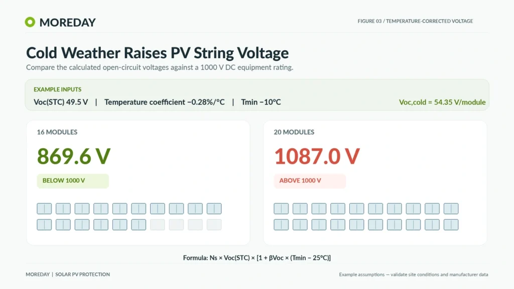 Example of cold-temperature voltage calculations for 16-module and 20-module solar strings