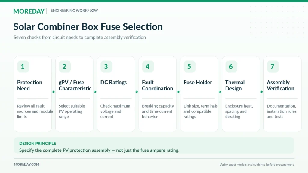 Solar combiner box fuse selection workflow covering gPV ratings and assembly verification